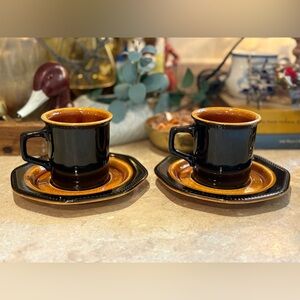 Vintage Sears Ironstone Octagon Amber Black and Brown Coffee Cup Set of 2